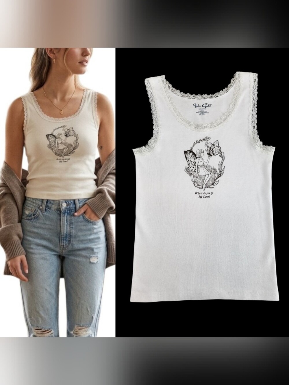 John Galt White Fairy Graphic Lace Trim Tank Top Coquette Fairycore Size Small